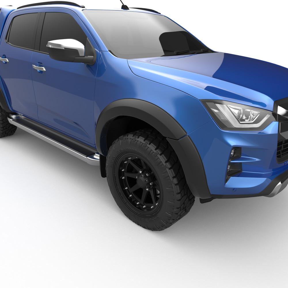Side angle view of blue Ford Ranger dual cab, showing alloy wheels and streamlined body shape