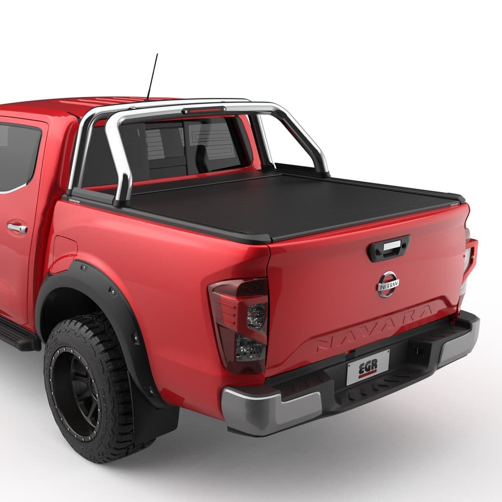 Rear three-quarter view of Nissan Navara MY21 with sports bar prepared for EGR RollTrac integration using adapter kit