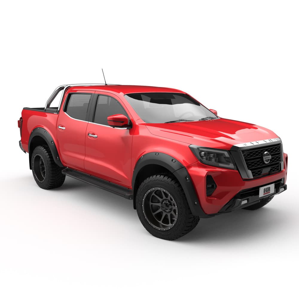 Front three-quarter view of red Nissan Navara MY21 showing sports bar mounted with EGR RollTrac Sports Bar Adapter Kit