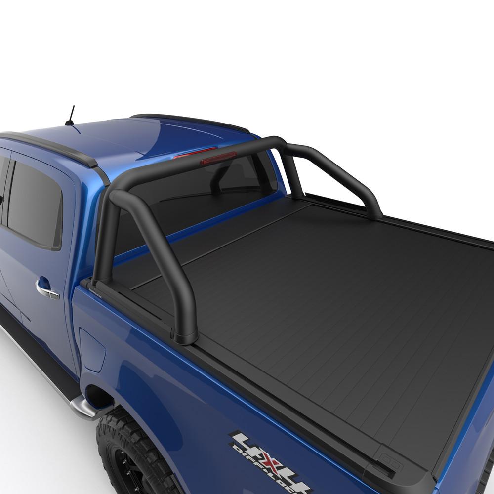 Isuzu D-Max fitted with EGR RollTrac Sports Bar, top-down view showing black powder-coated aluminium bar mounted to RollTrac rails