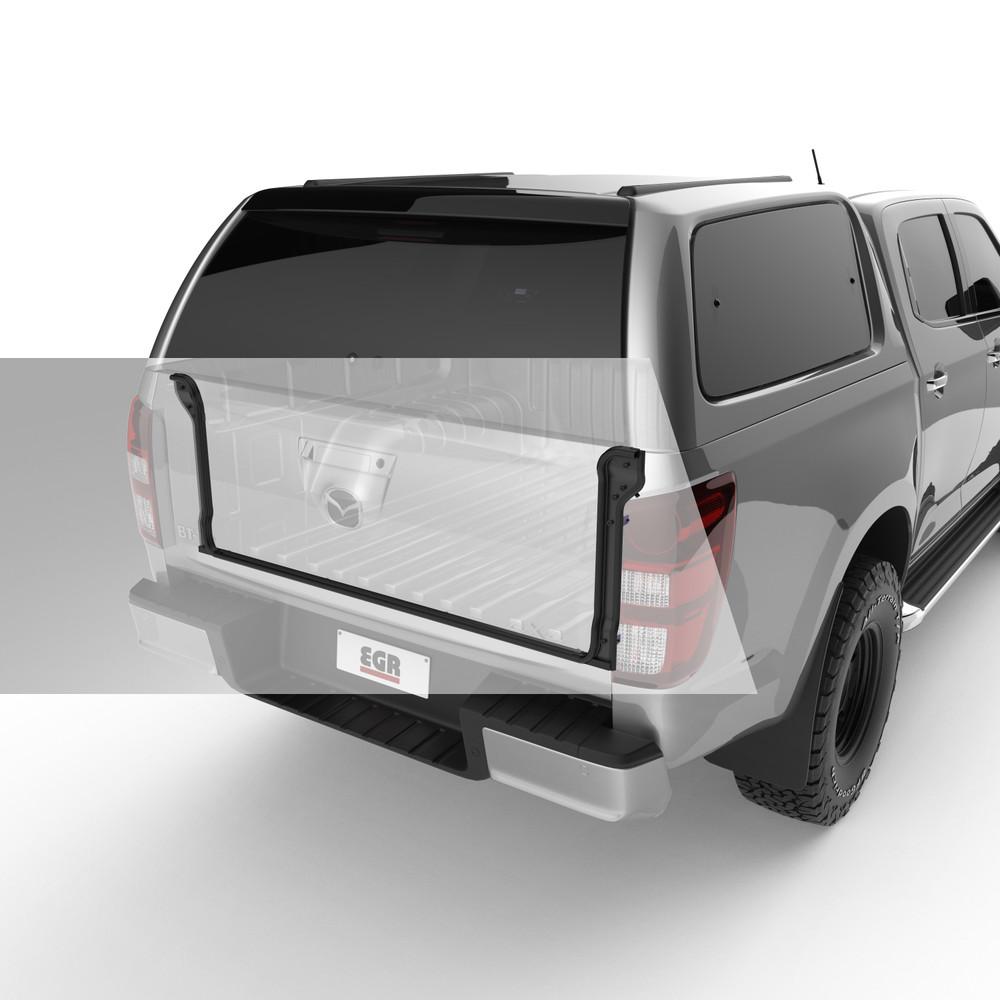 Rear three-quarter view of Mazda BT-50 with EGR Dust Defender installed, highlighting tight tub sealing and weather protection