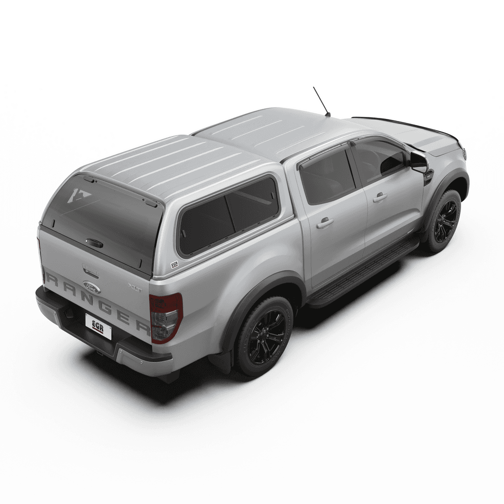 Side rear profile of Ford Ranger PX with EGR Premium Canopy installed, showing tinted side windows and clean canopy-to-body integration