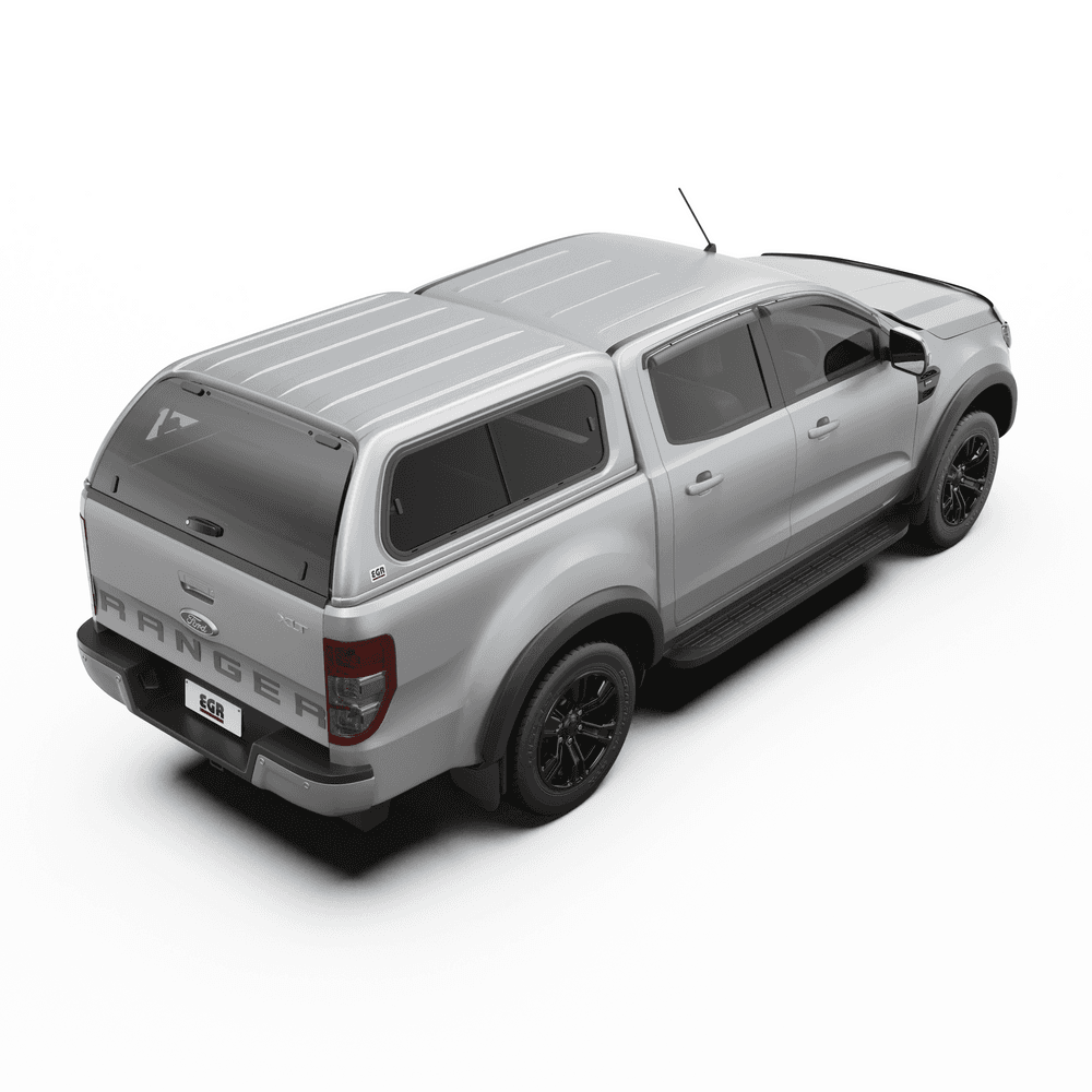 Side rear profile of Ford Ranger PX with EGR Premium Canopy installed, showing tinted side windows and clean canopy-to-body integration