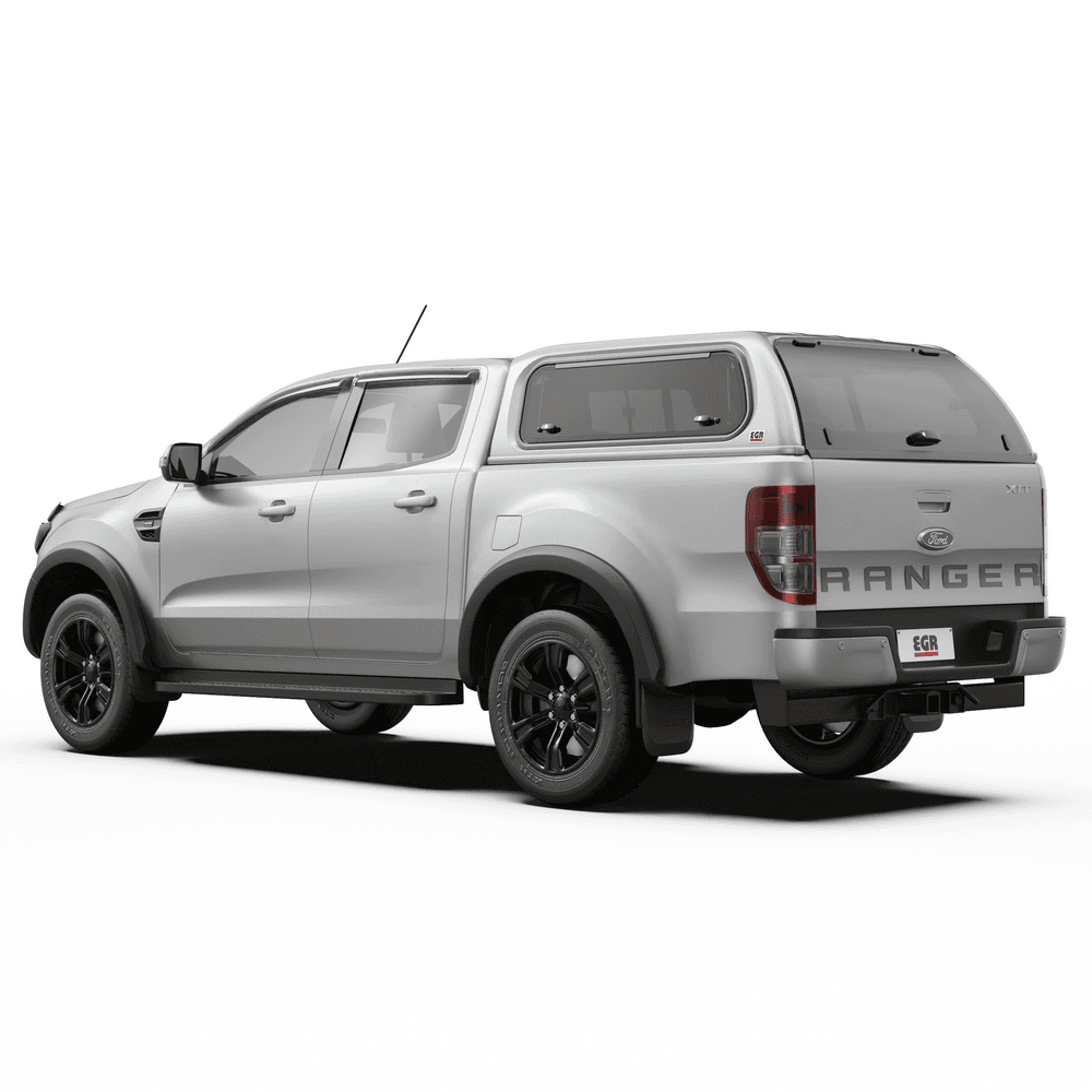 Rear three-quarter view of Ford Ranger PX with EGR Premium Canopy, highlighting smooth integrated design and lift-up side windows