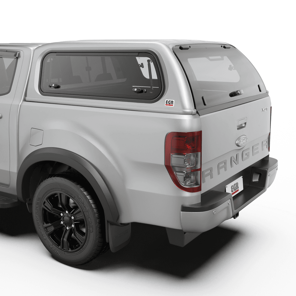 Rear view of Ford Ranger PX fitted with EGR Premium Canopy, highlighting rear glass access and colour-matched exterior finish