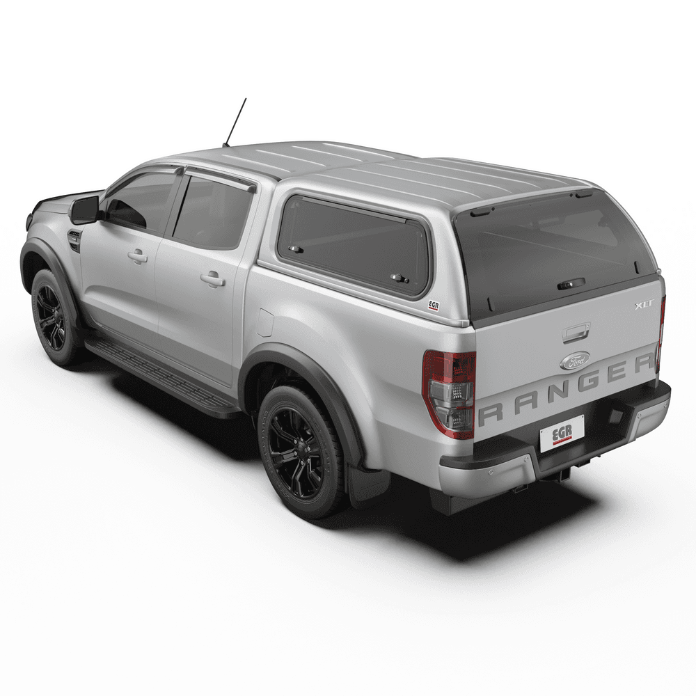 Rear angle of Ford Ranger PX featuring EGR Premium Canopy, showing large rear window and secure slam-latch handle