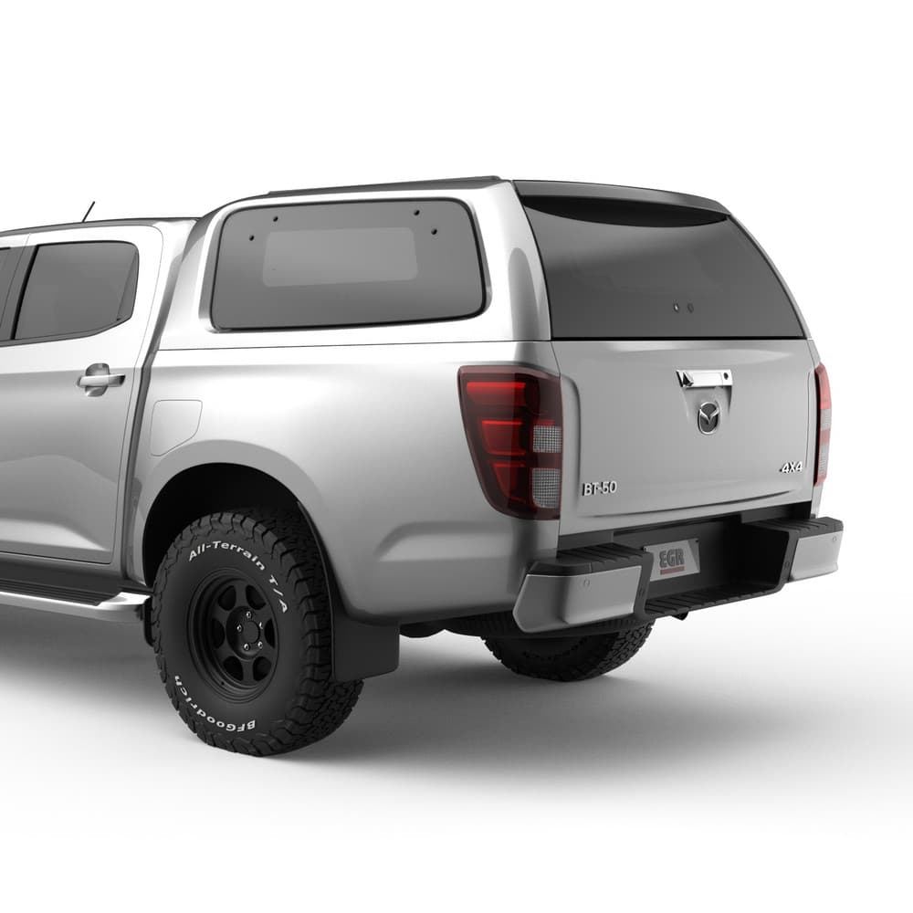 Mazda BT-50 2020 fitted with EGR GEN3 Canopy, side profile showing flush frameless windows and colour-matched ABS construction