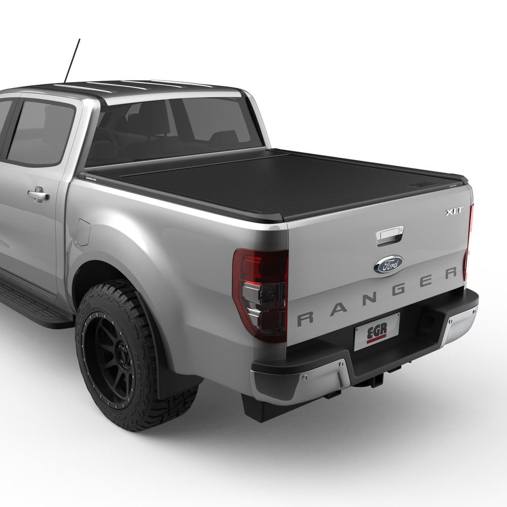 Ford Ranger PX fitted with EGR RollTrac Manual, rear three-quarter view showing low-profile black aluminium roller cover