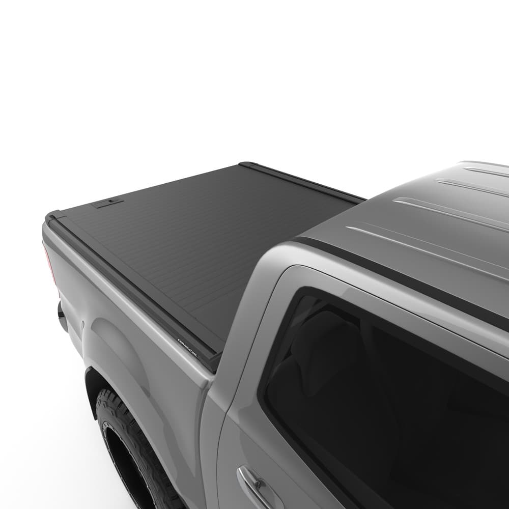 Close-up of EGR RollTrac Manual side rail on Ford Ranger PX, showing durable powder-coated finish and roller housing