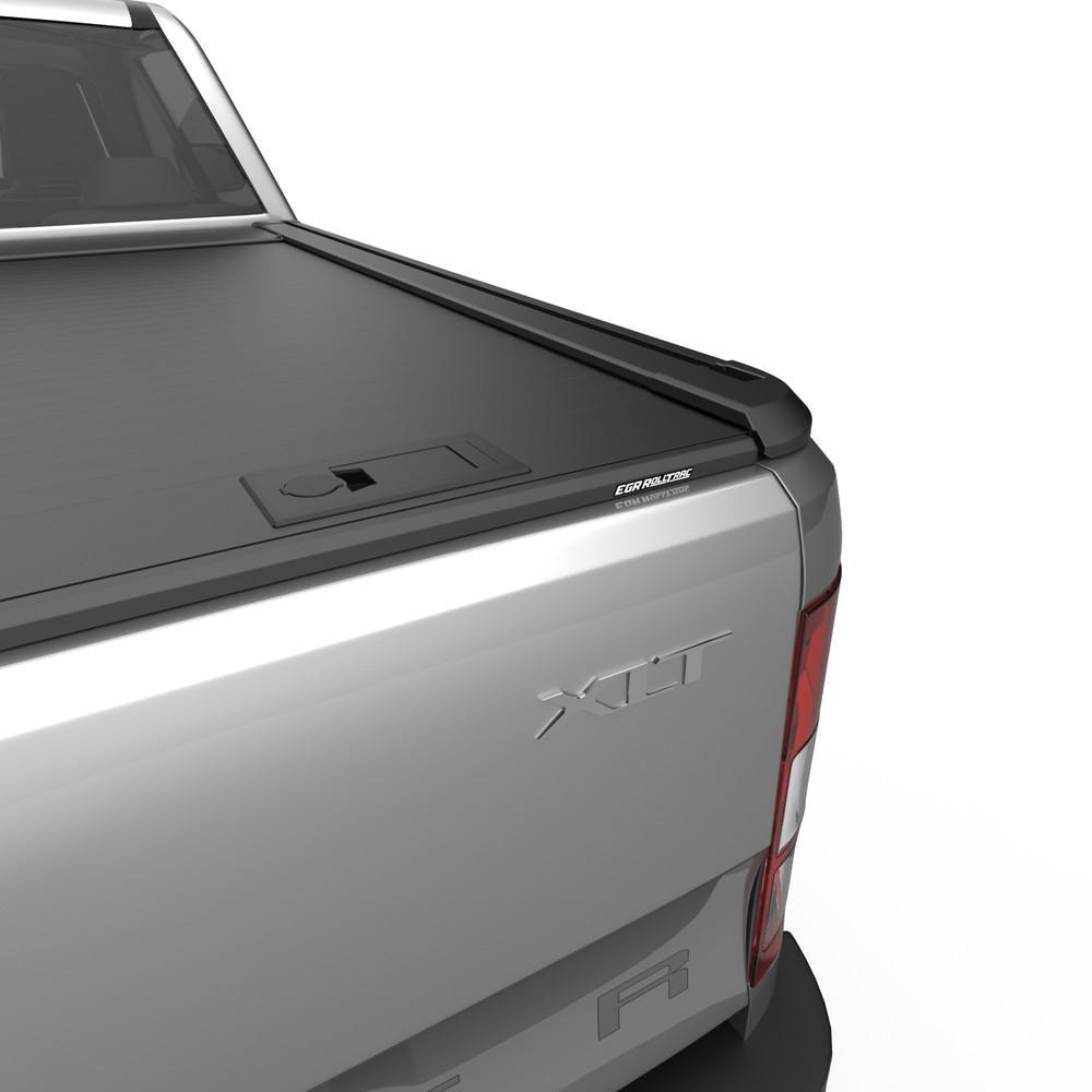 Rear corner view of Ford Ranger PX/PXII/PXIII with EGR RollTrac Manual partially open, highlighting latch handle and interlocking slats