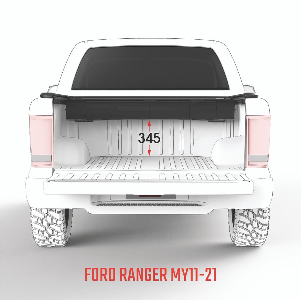Rear view of Ford Ranger PXIII with EGR RollTrac Manual closed, showing secure alignment and streamlined aluminium slat design