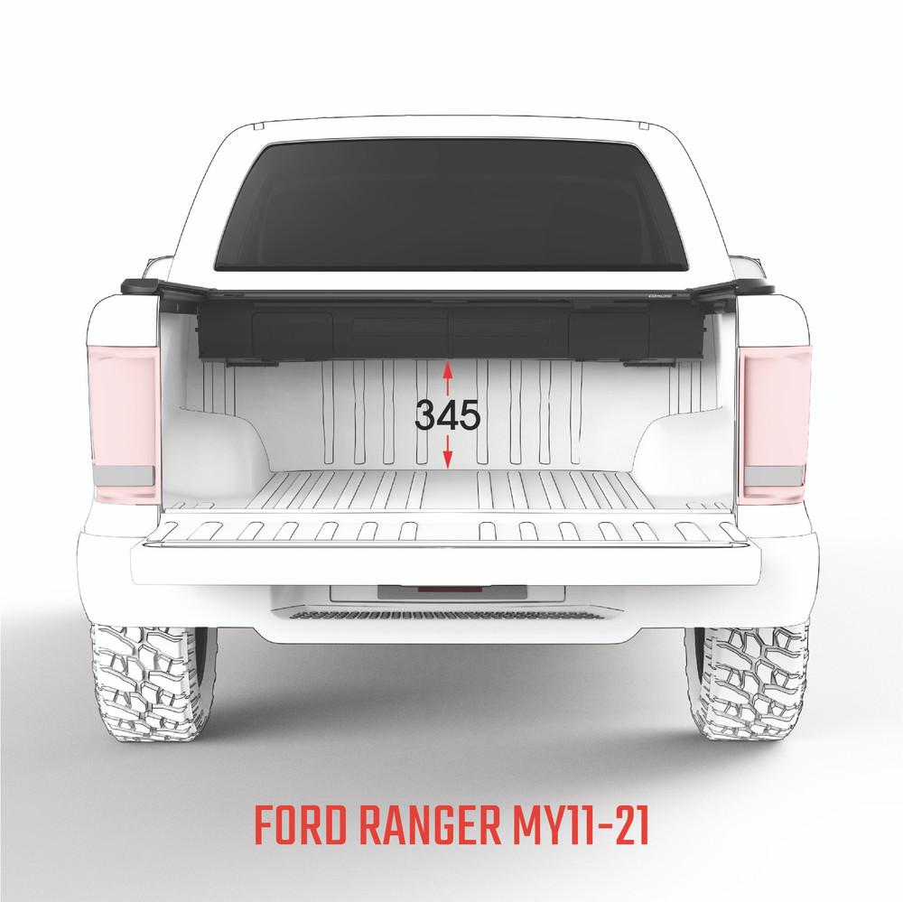 Rear view of Ford Ranger PXIII with EGR RollTrac Manual closed, showing secure alignment and streamlined aluminium slat design