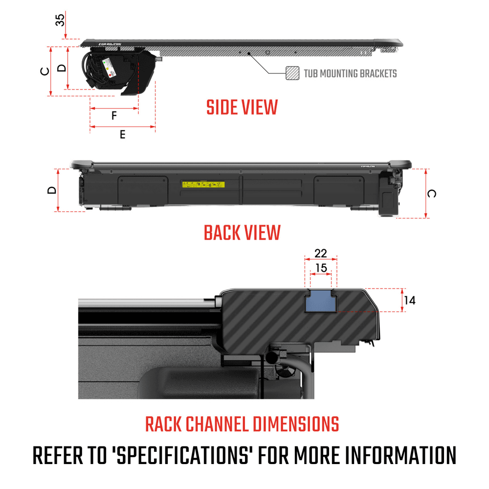 Instructional graphic showing EGR RollTrac Electric E3 control functions, lock integration and side-rail button operation for Mazda BT-50 2020