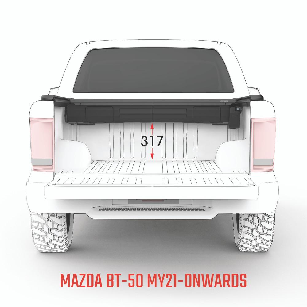 Rear view of Mazda BT-50 2020 with EGR RollTrac Electric E3 closed, highlighting secure alignment and flush-mounted aluminium slats