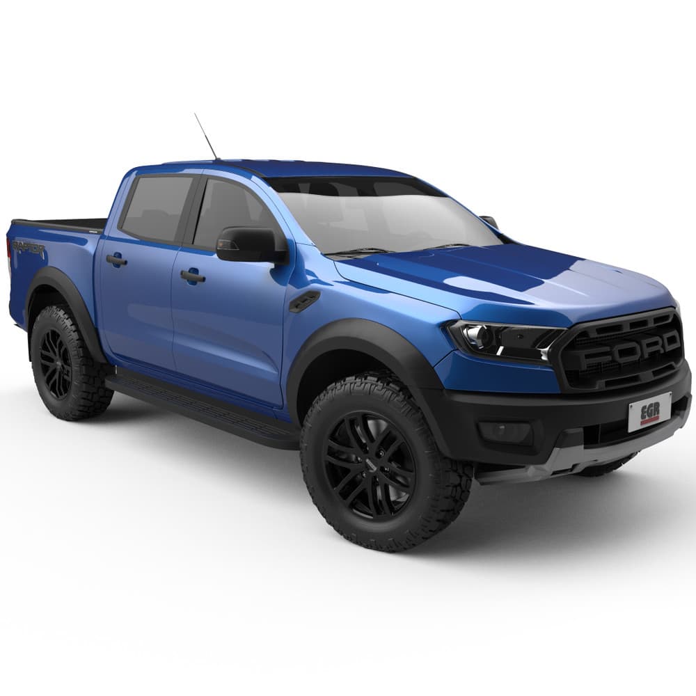 Front three-quarter view of Ford Raptor with EGR RollTrac Electric E3 installed, showing integrated electric tonneau cover
