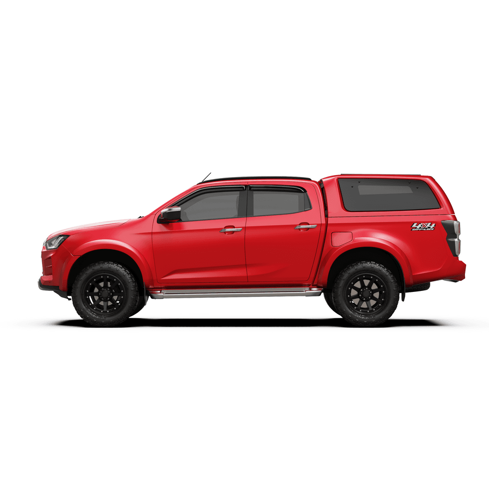 Side view of Isuzu D-Max 2020 EGR GEN3 Canopy, highlighting modern handle-free design and roof-rail-ready surface track