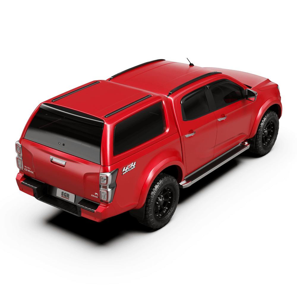Rear angle of Isuzu D-Max 2020 with EGR GEN3 Canopy, featuring tinted frameless side windows and clean canopy-to-body integration