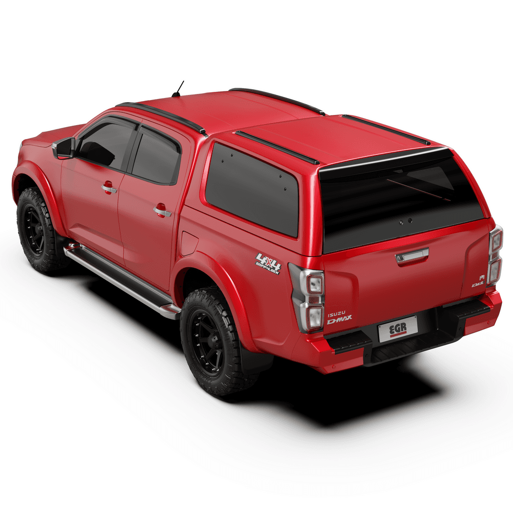 Side profile of Isuzu D-Max 2020 with EGR GEN3 Canopy, highlighting flush lift-up window and sleek ABS construction