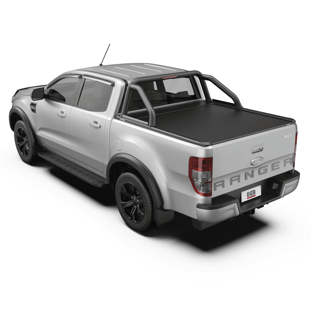 Side angle of Ford Ranger with EGR RollTrac Electric E3 tonneau cover, displaying secure interlocking aluminium slats