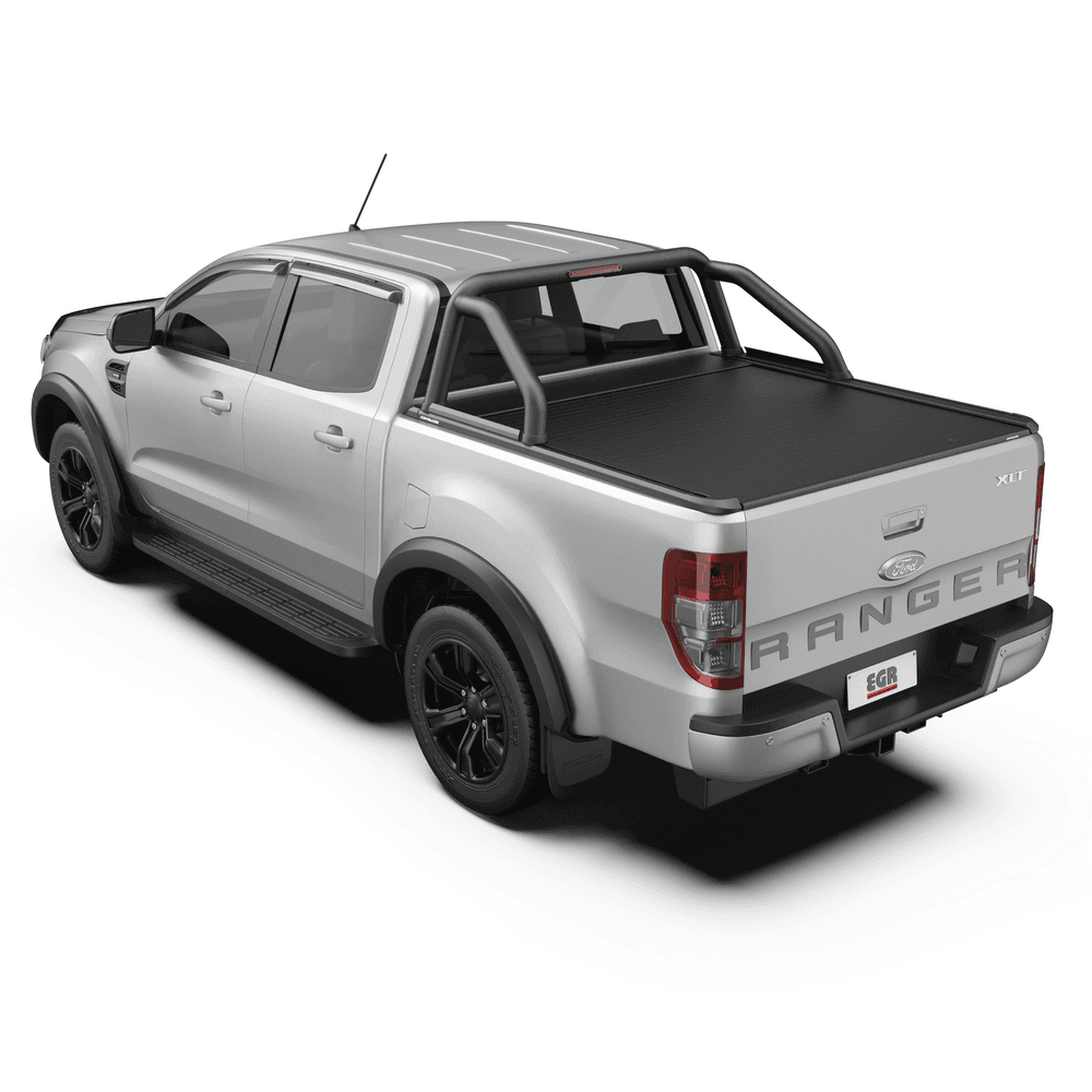 Side angle of Ford Ranger with EGR RollTrac Electric E3 tonneau cover, displaying secure interlocking aluminium slats