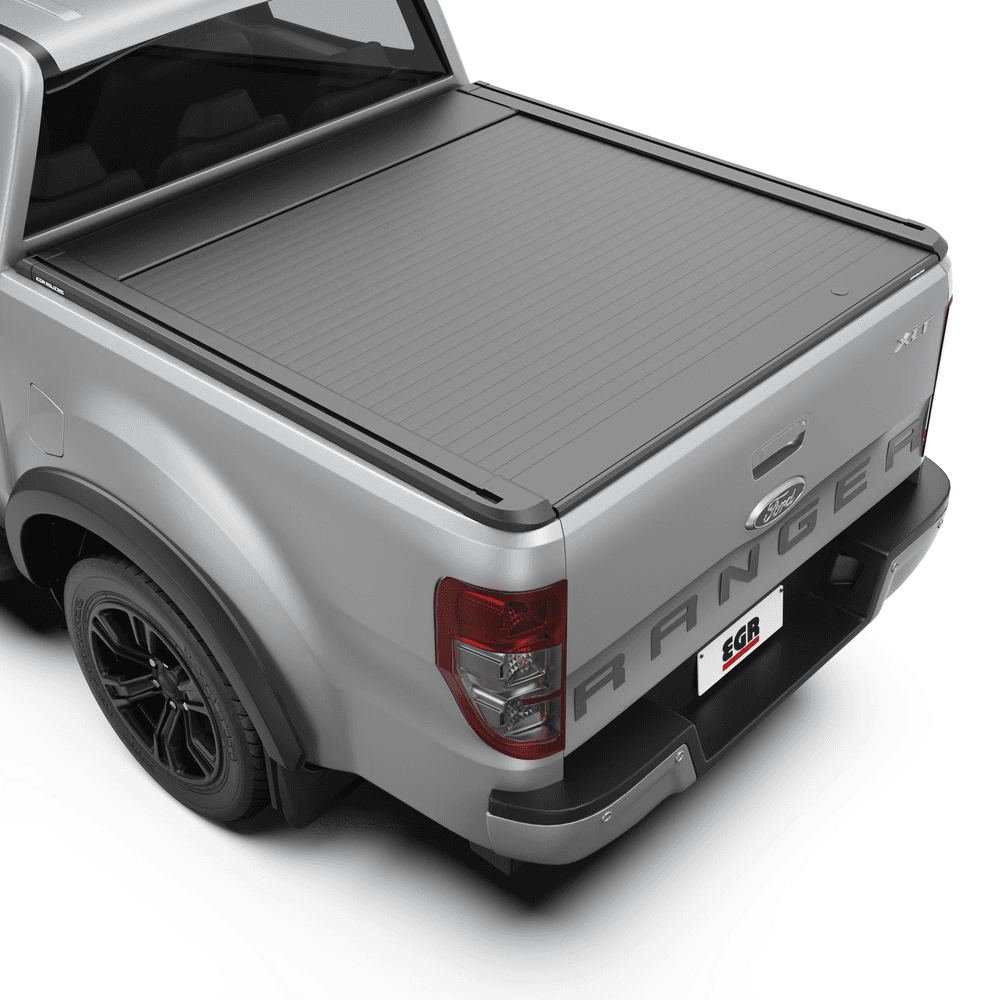 Ford Ranger PX with EGR RollTrac Electric E3 tonneau cover shown from rear angle, highlighting matte-black aluminium slats