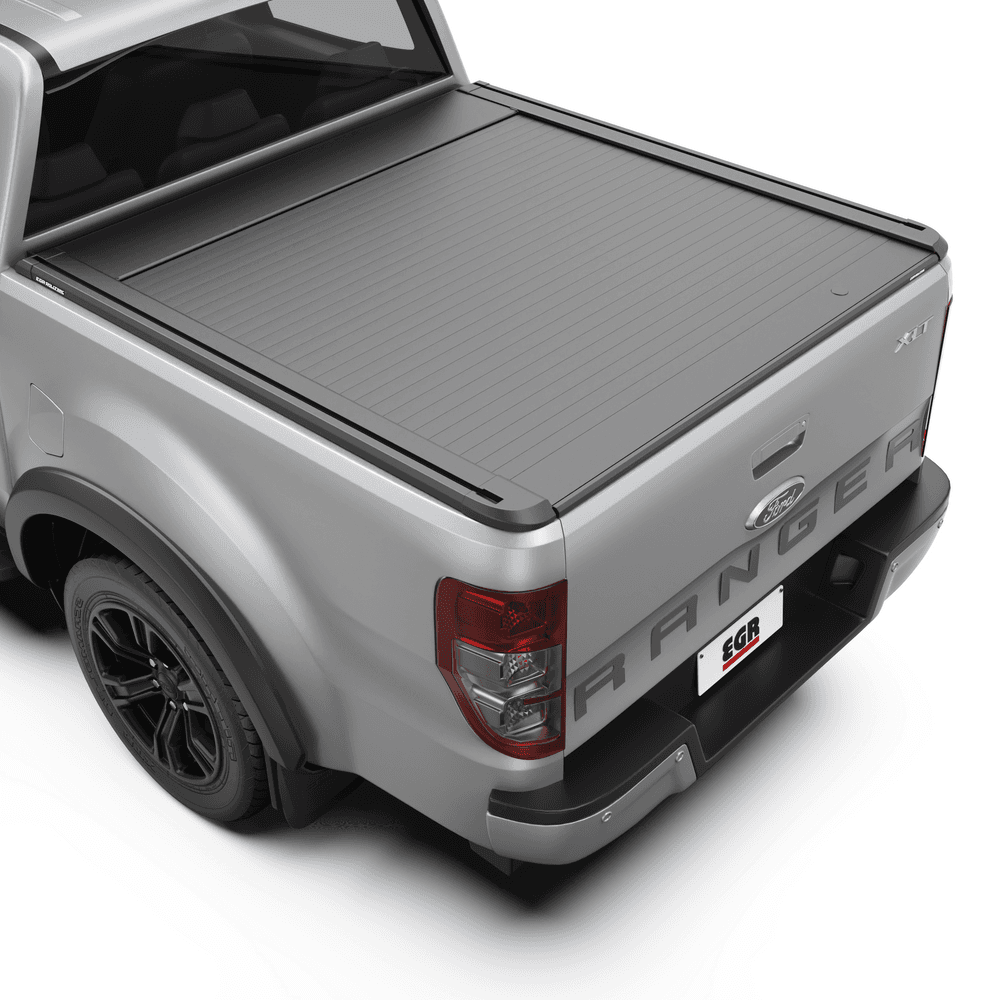 Ford Ranger PX with EGR RollTrac Electric E3 tonneau cover shown from rear angle, highlighting matte-black aluminium slats