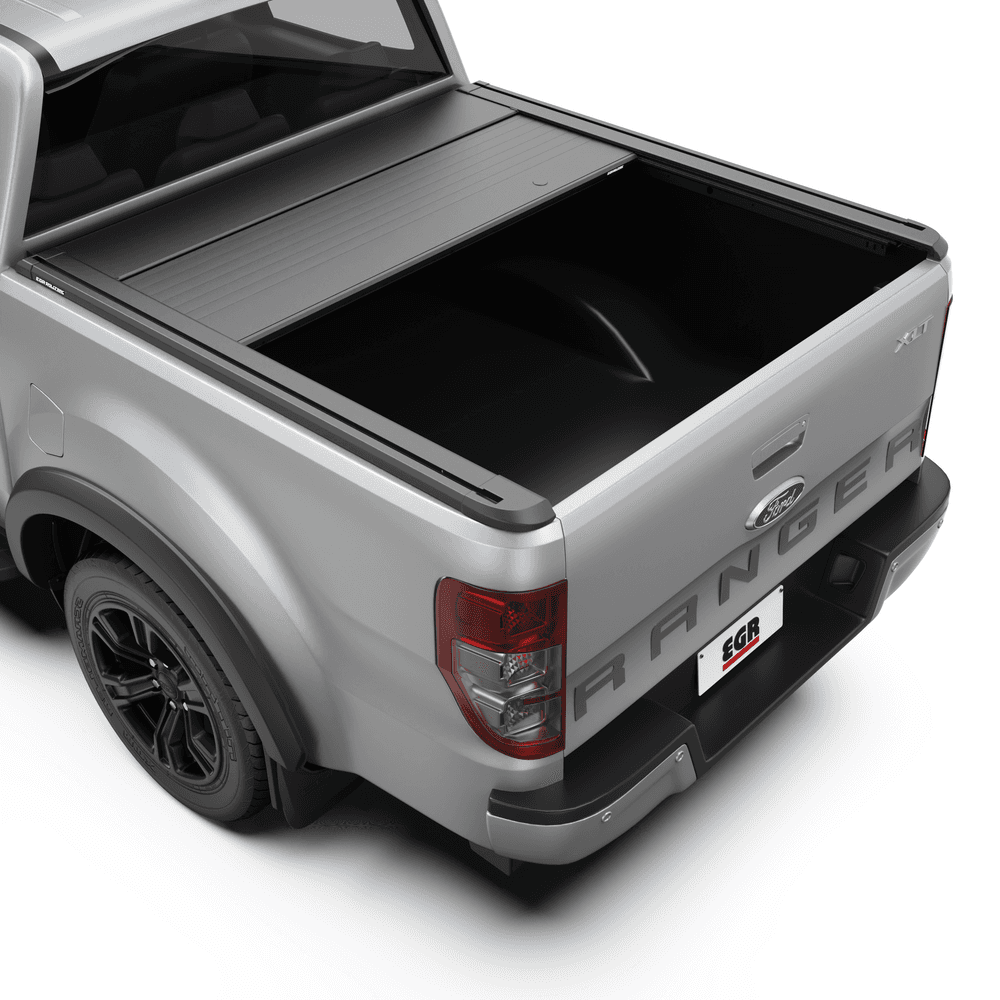 Ford Ranger fitted with EGR RollTrac Electric E3 cover opened midway, showing load-area access and side-rail controls
