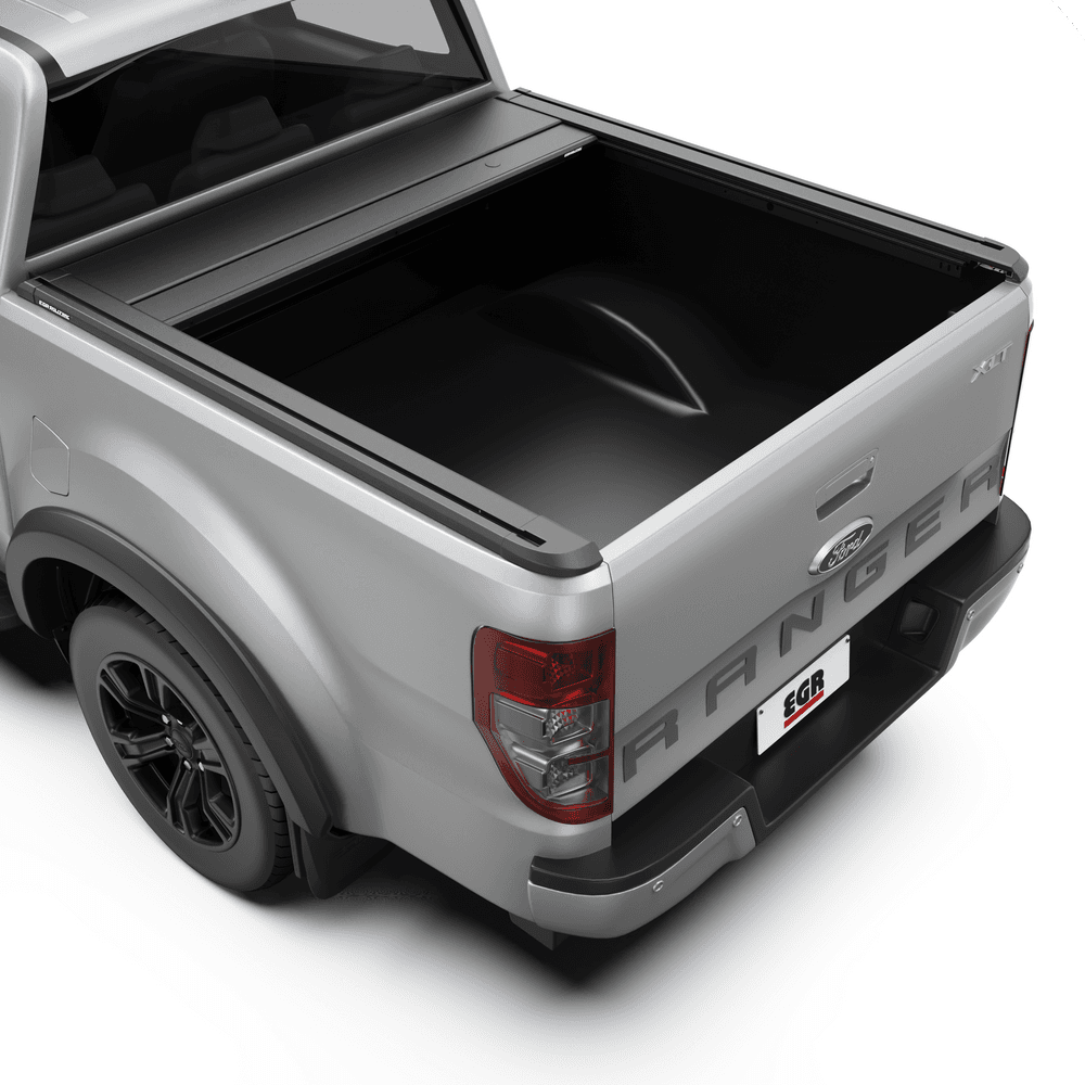 Rear three-quarter view of Ford Ranger PX showcasing the EGR RollTrac Electric E3 tonneau cover in closed position