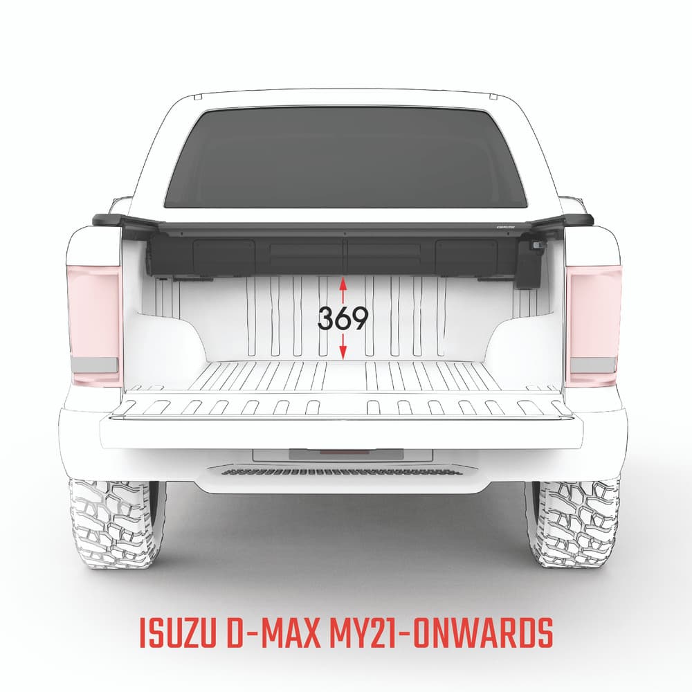 Rear angle of a 2020 Isuzu D-Max displaying the EGR RollTrac Electric E3 fully closed over the tub