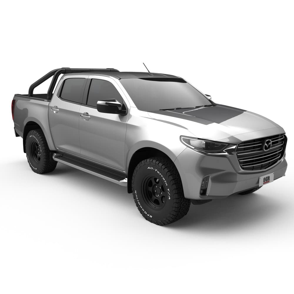 Front three-quarter view of a Mazda BT-50 2020 equipped with the EGR RollTrac Sports Bar in matte black finish