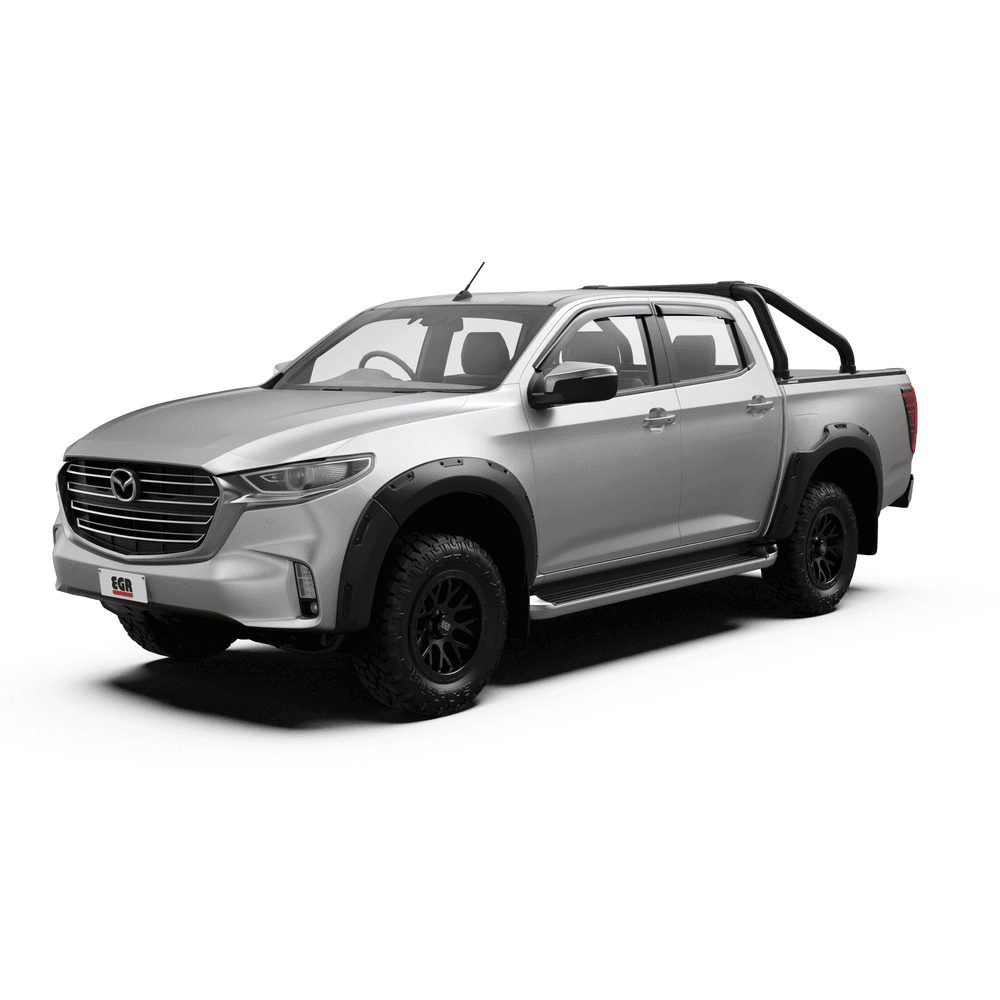 Front three-quarter view of a Mazda BT-50 2020 equipped with the EGR RollTrac Sports Bar in matte black finish