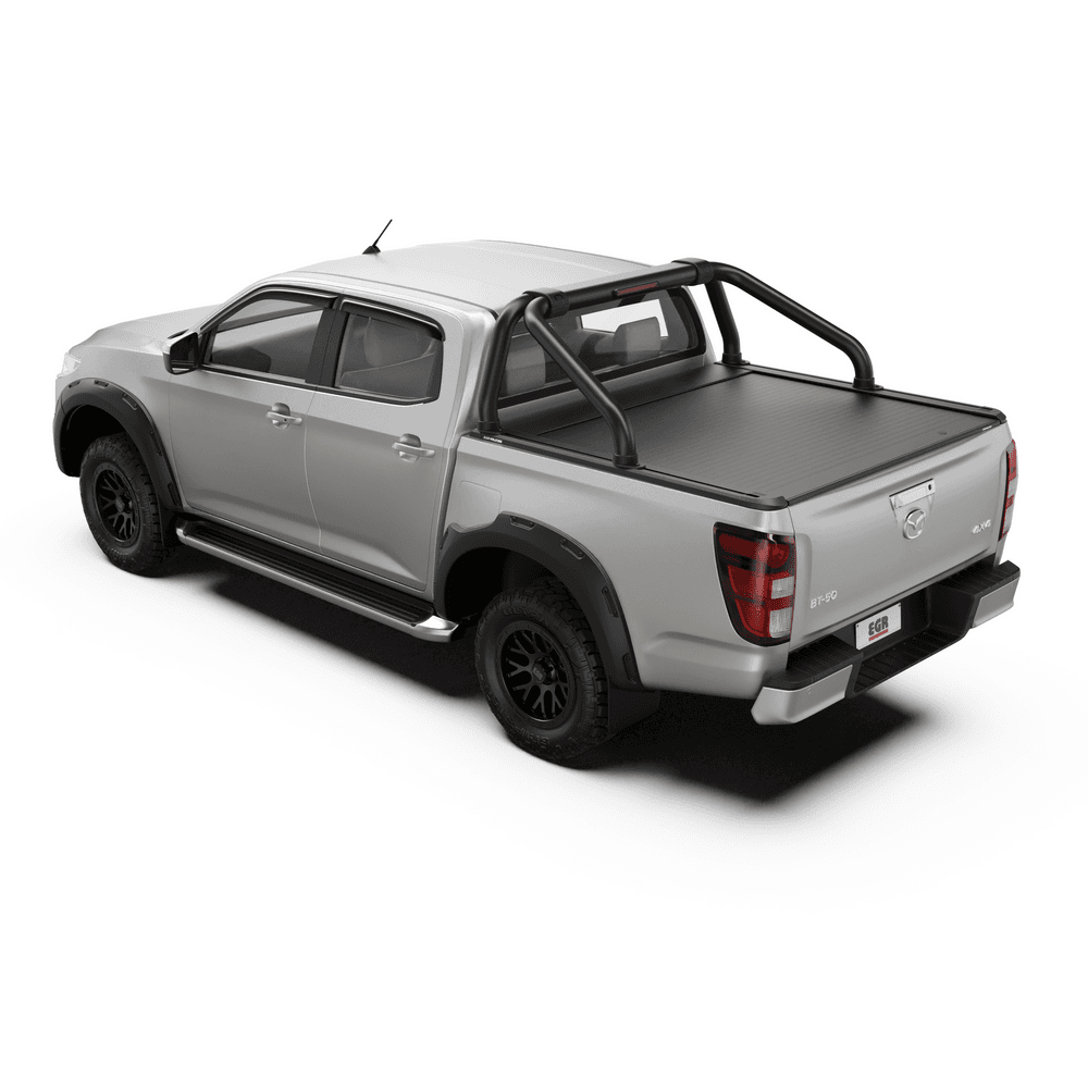 EGR RollTrac sports bar fitted to Mazda BT-50 2020 onwards, black powder-coated aluminium bar mounted to RollTrac tonneau cover side rails