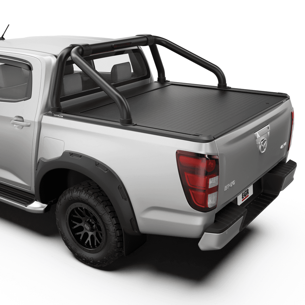 Mazda BT-50 2020 fitted with the EGR RollTrac Sports Bar, rear three-quarter view showing the black powder-coated aluminium bar