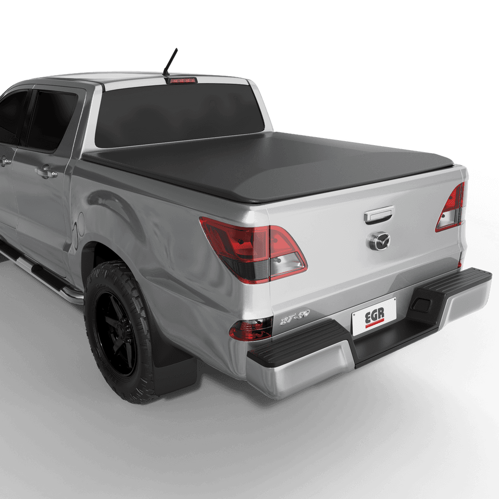Rear view of a Mazda BT-50 2011-2019 fitted with an EGR No-Drill Soft Tonneau Cover in matte black vinyl