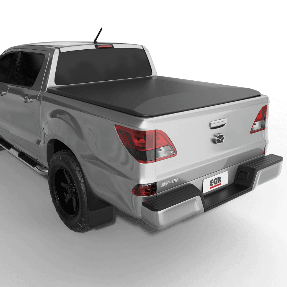 Rear view of a Mazda BT-50 2011-2019 fitted with an EGR No-Drill Soft Tonneau Cover in matte black vinyl