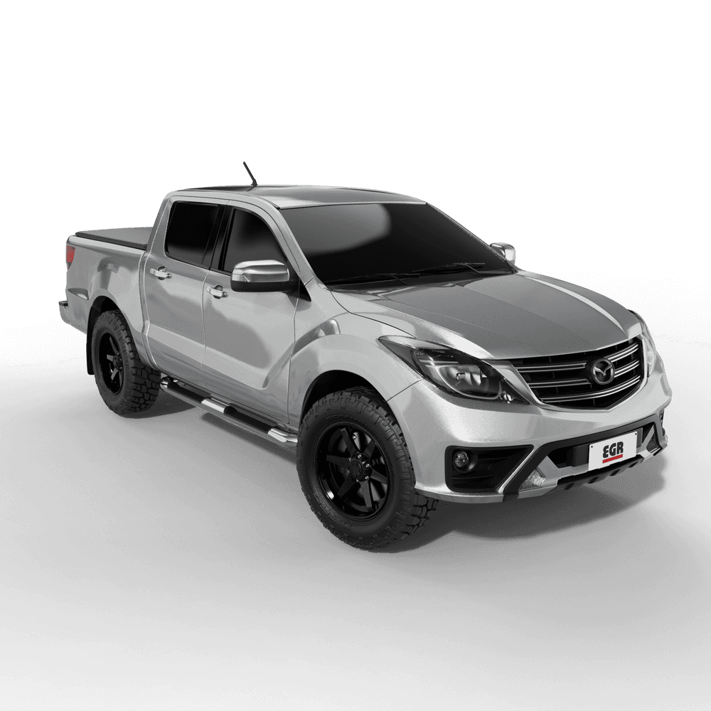 Front angled view of a Mazda BT-50 featuring the EGR No-Drill Soft Tonneau Cover installed over the tub