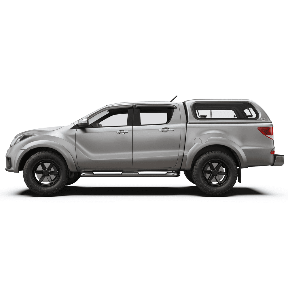 Side profile of a Mazda BT-50 equipped with the EGR Premium Canopy featuring sleek ABS construction and frameless side windows