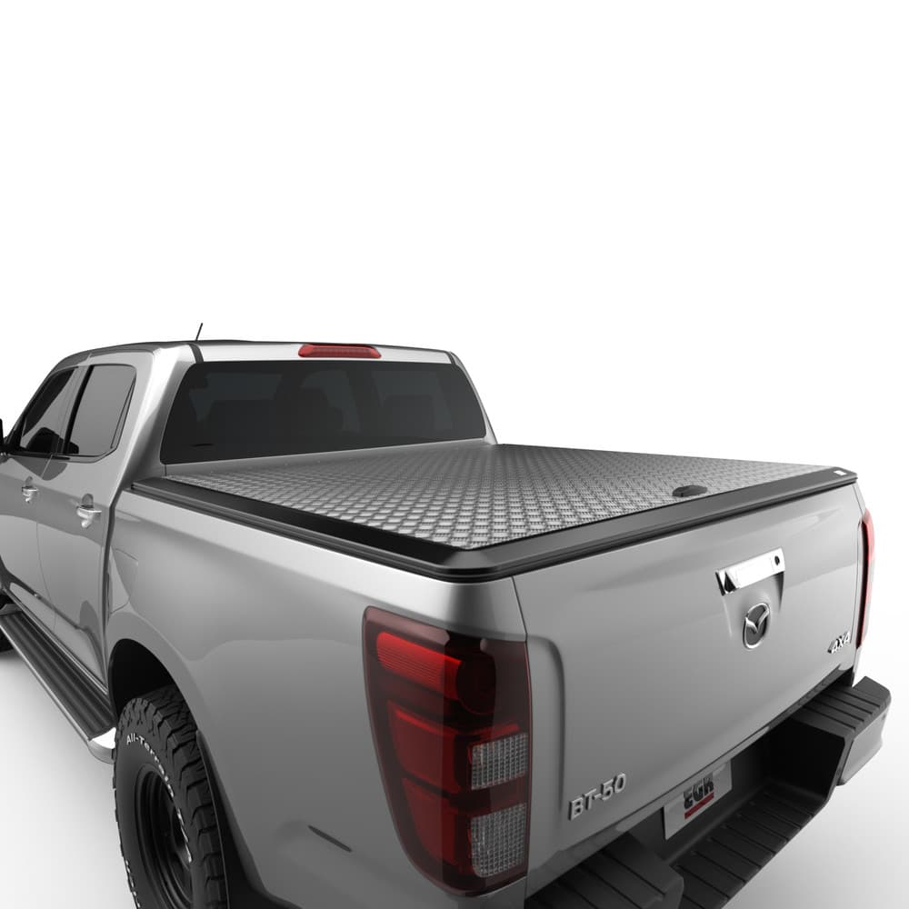 Full tray view of a Mazda BT-50 equipped with the EGR Load Shield featuring aluminium checker-plate top and alloy side rails