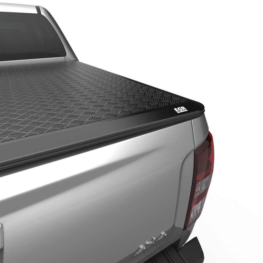 Close-up of the EGR Load Shield aluminium checker-plate cover installed on a Mazda BT-50 2020-onwards