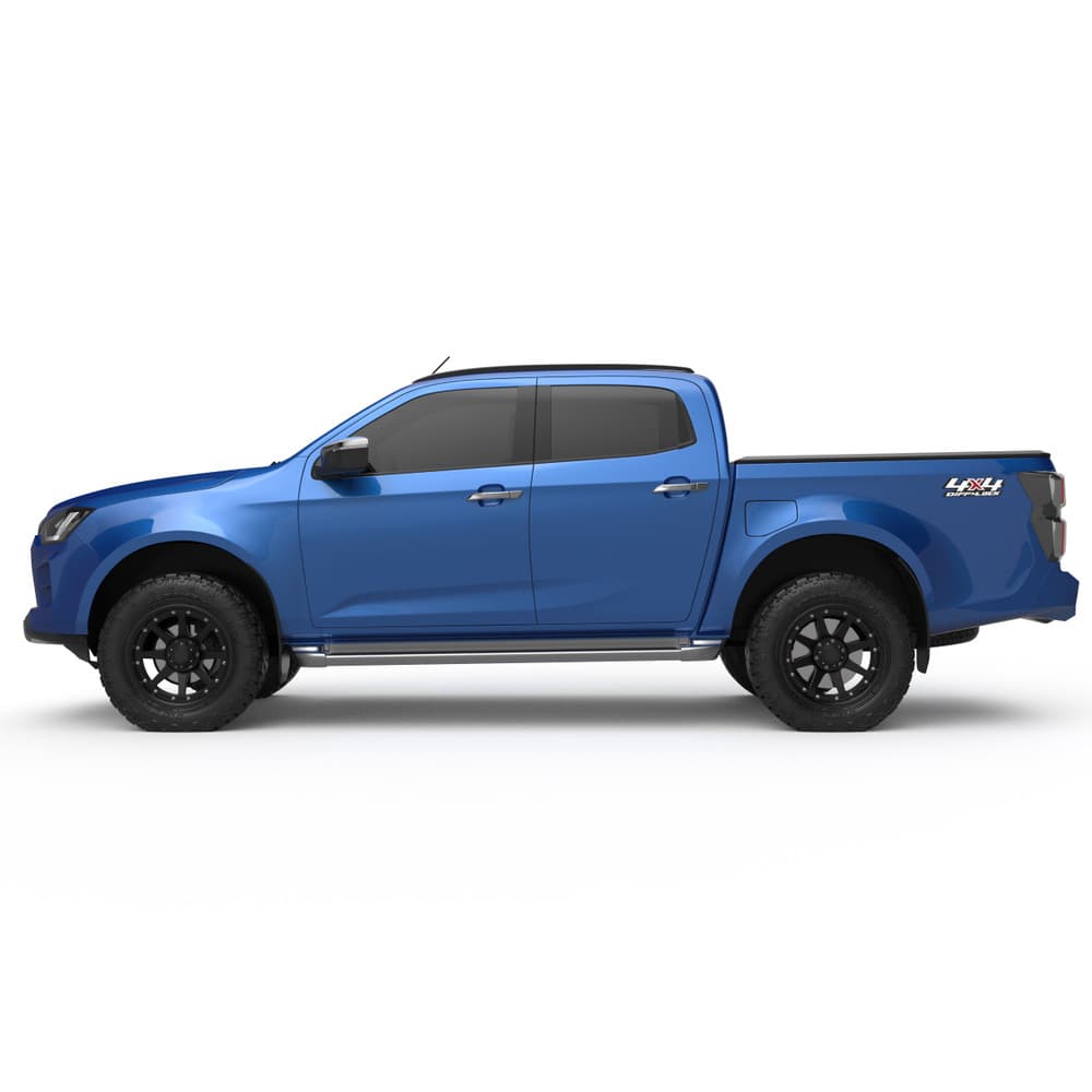 Full side profile of a blue Isuzu D-Max 2020 with the EGR Load Shield tray cover closed and fitted securely