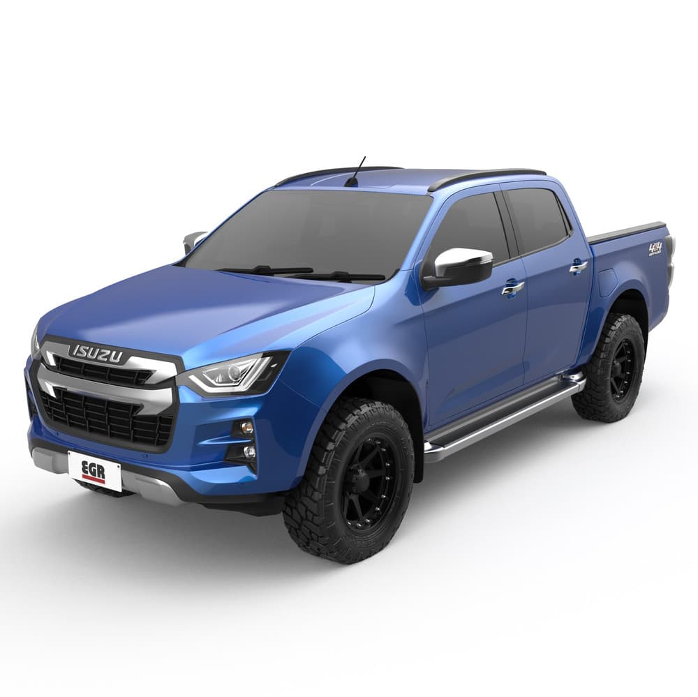 Front-quarter angle of an Isuzu D-Max 2020 displaying the EGR Load Shield aluminium checker-plate lid installed on the tray