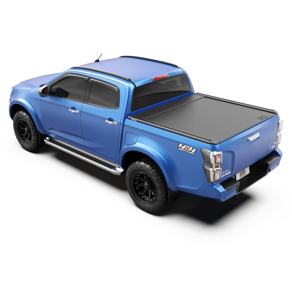 Isuzu D-Max 2020-onwards with EGR RollTrac Manual tonneau cover installed, featuring low-profile satin black aluminium roller design