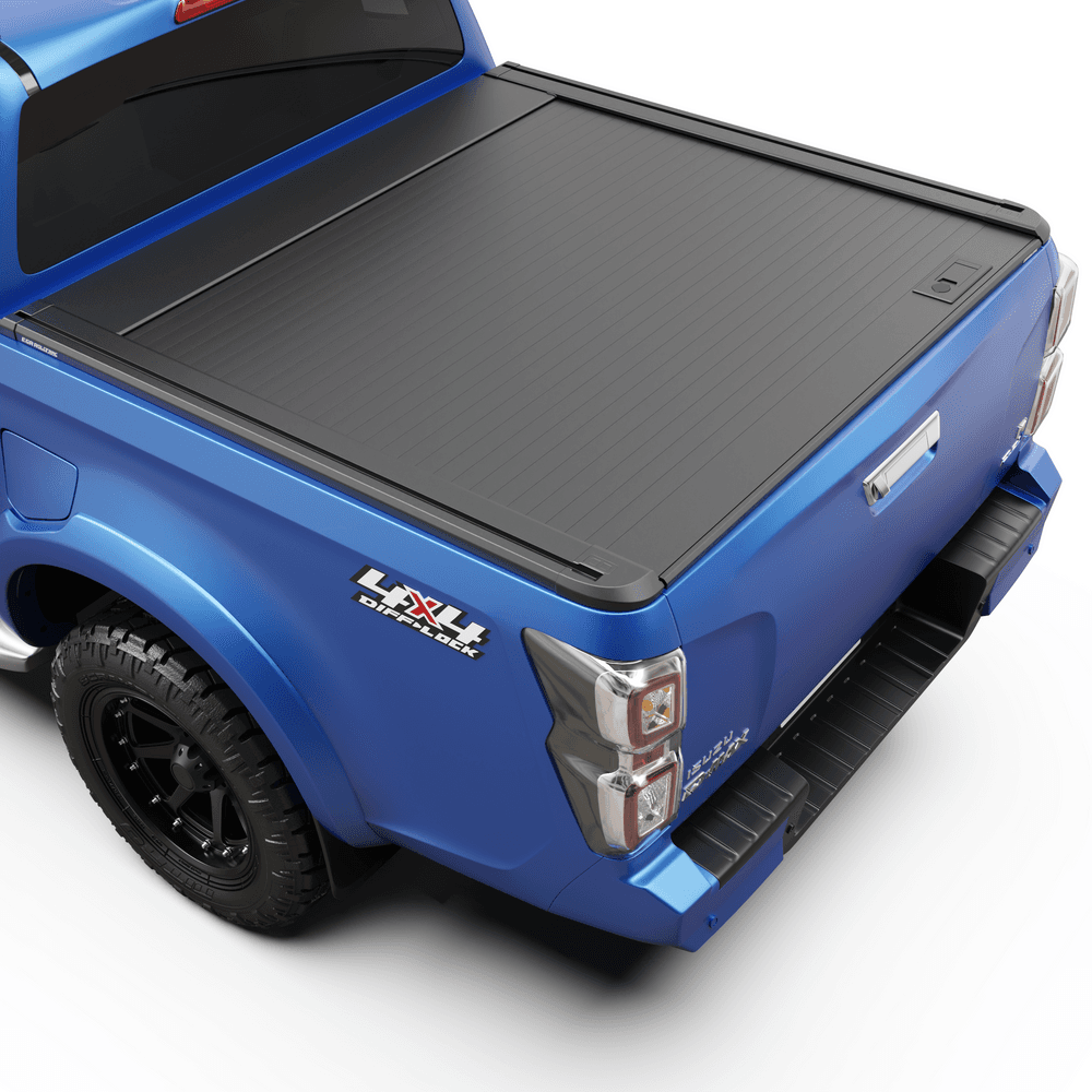 EGR RollTrac Manual roller tonneau cover fitted to Isuzu D-Max 2020-onwards, showing aluminium slat cover partially open over the tub