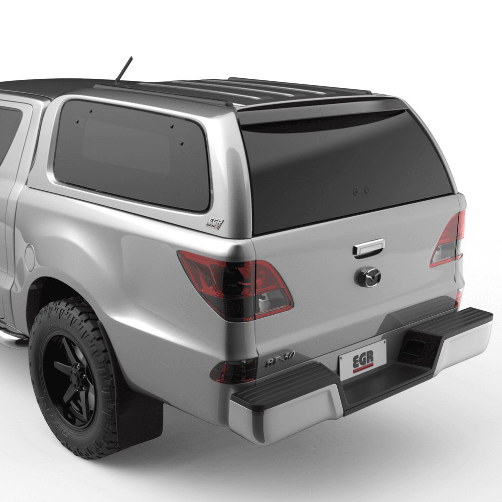 Rear angle view of a Mazda BT-50 fitted with an EGR GEN3 Canopy in silver
