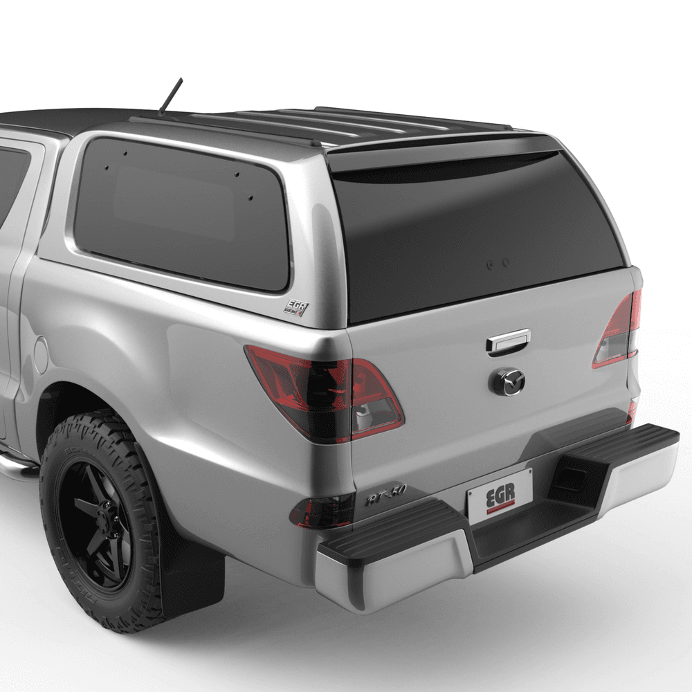 Rear angle view of a Mazda BT-50 fitted with an EGR GEN3 Canopy in silver