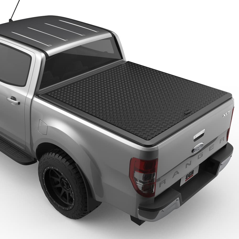 Rear angle view of a Ford Ranger PX fitted with an EGR Load Shield tray cover in matte black