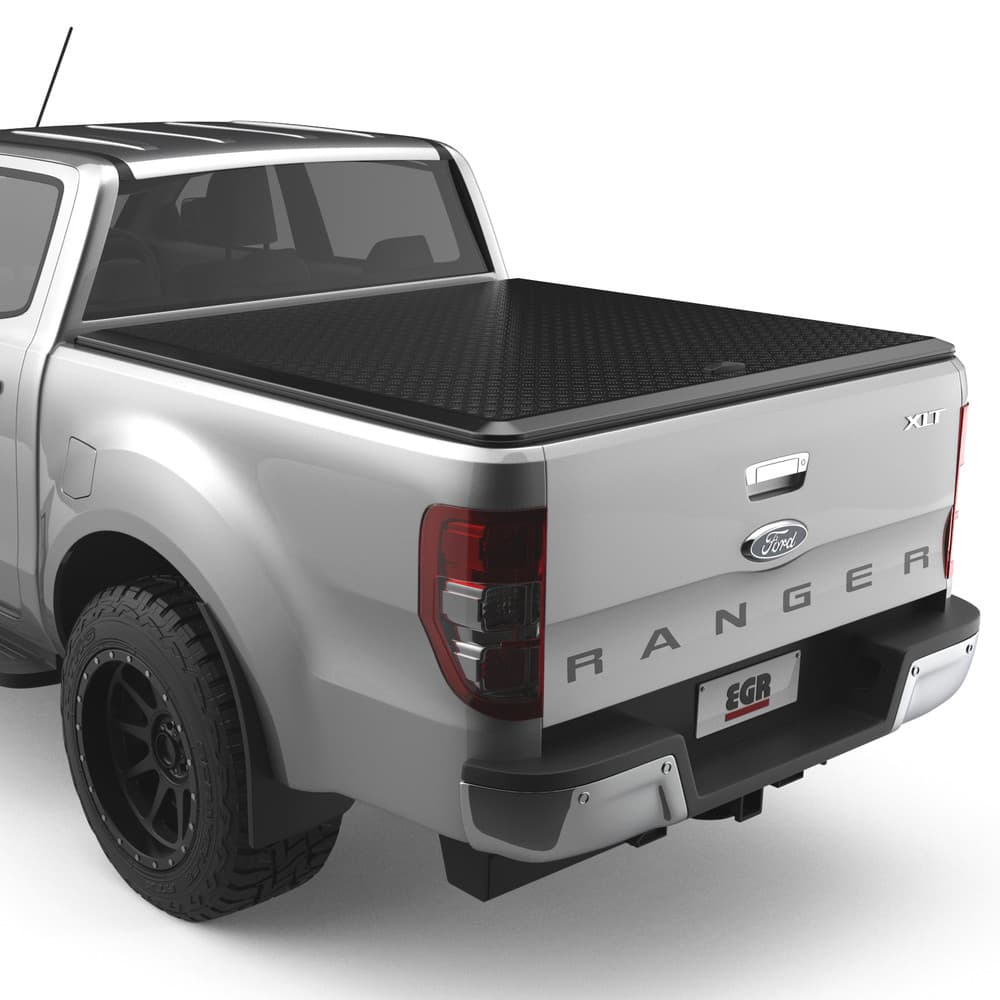 Rear view of a Ford Ranger PX with the EGR Load Shield open, showing the gas-strut assisted lift
