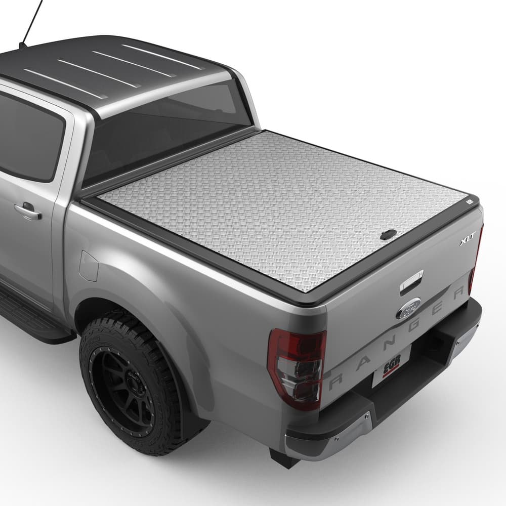Side and rear view of a Ford Ranger PX showcasing the EGR Load Shield aluminium checker-plate lid