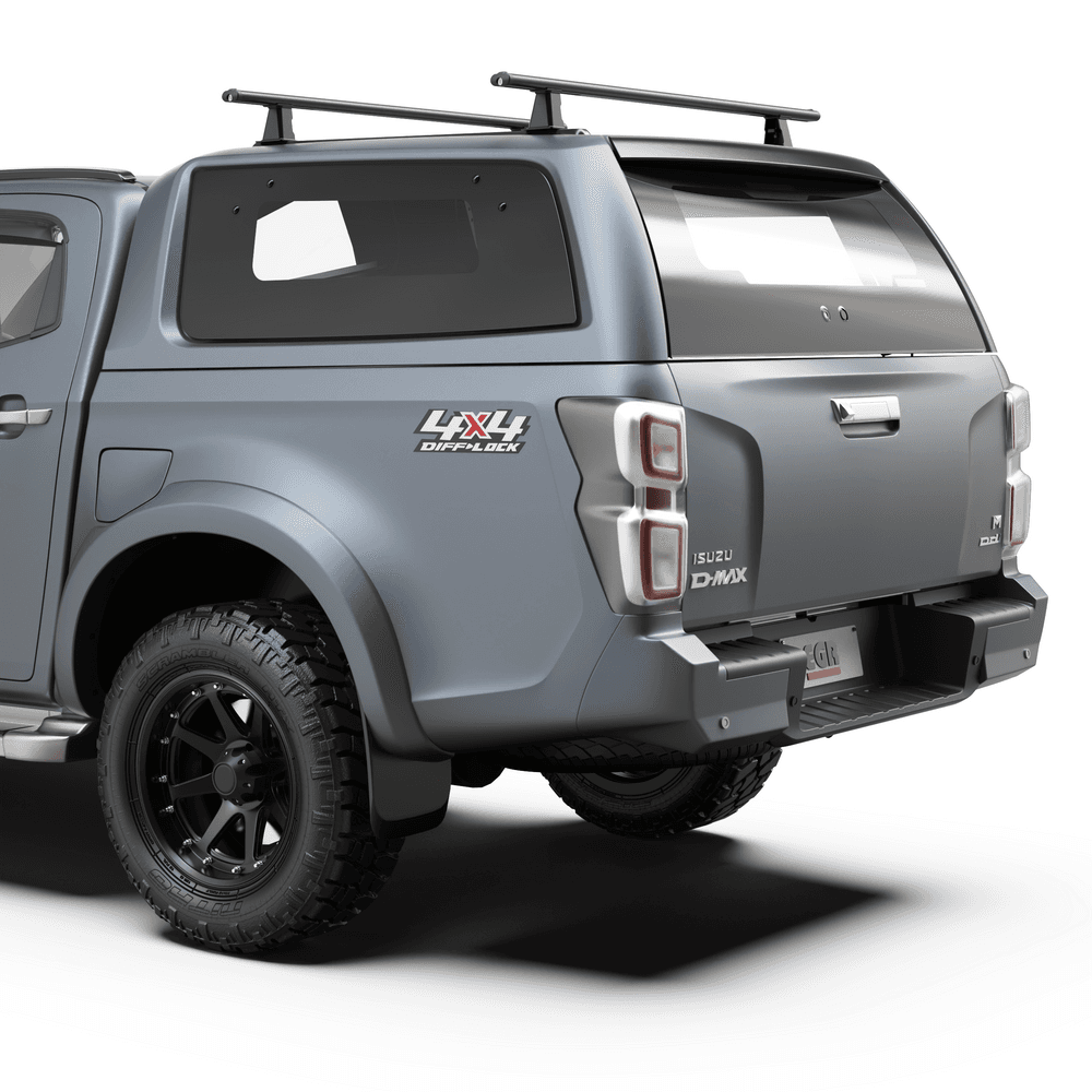 Rear angle of Isuzu D-Max 2020 GEN3 canopy showing the integrated EGR heavy-duty roof rack frame