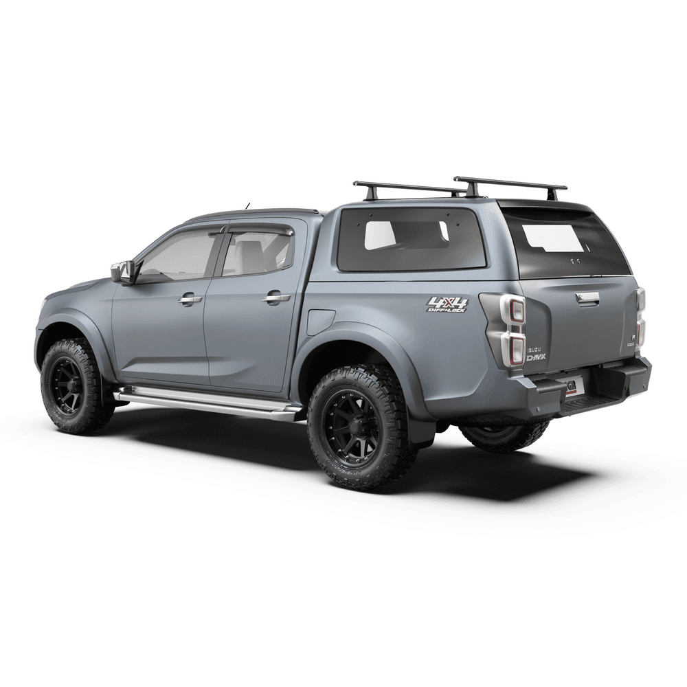Side view of Isuzu D-Max 2020 Gen3 canopy fitted with the EGR heavy-duty roof rack support frame